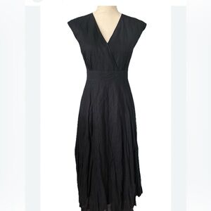 Garnet Hill Black Midi Sz 2P Faux Wrap Top Pleated Cap Sleeves dress